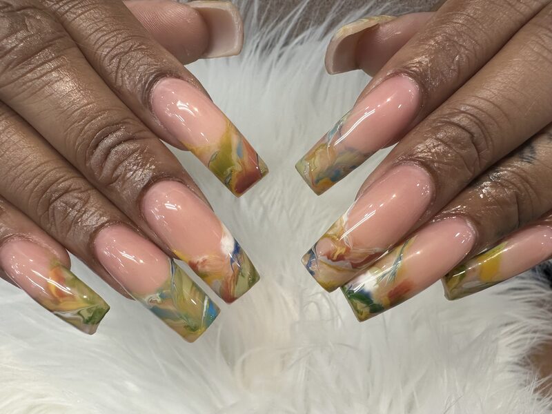 Pink ombre coffin nails with delicate white floral accent