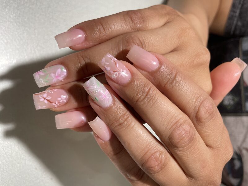 Lilac and blue watercolor marble almond nails
